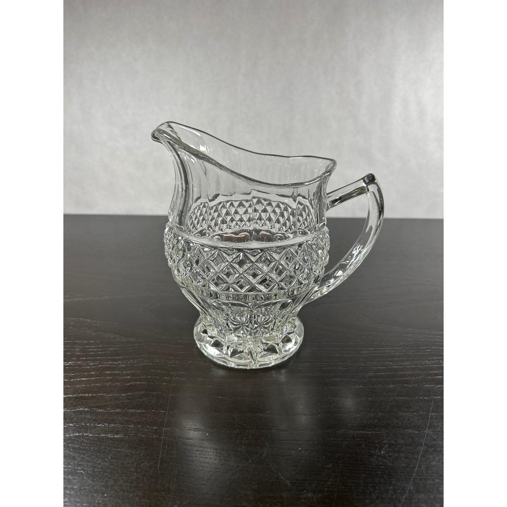 Vintage Clear Pressed Glass Creamer Pitcher Diamond Point Starburst Base 6 in